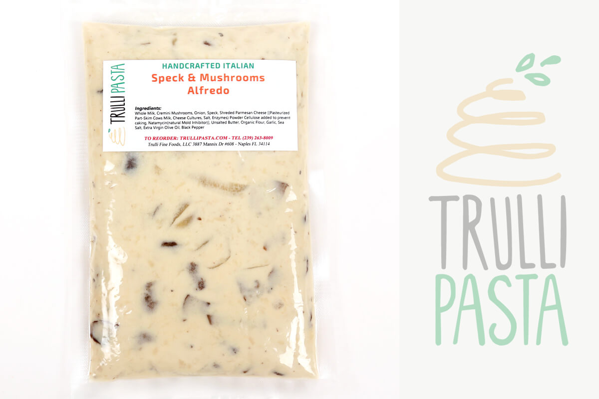 This popular italian preparation of our traditional alfredo sauce starts with speck, a smoked and cured ham that originates from the north of Italy. Speck and sauteed mushrooms are enveloped in our creamy Alfredo sauce for a unique dish that is sure to be a new favorite!